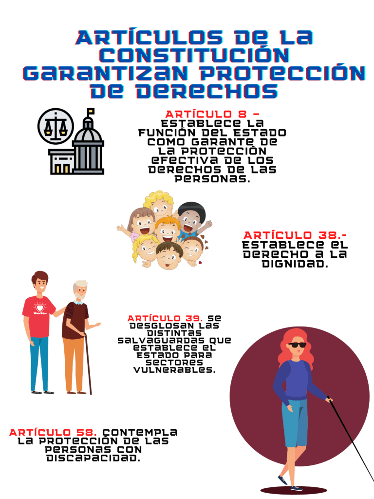 Artículos de la Constitución garantizan protección de derechos de los grupos vulnerables Artículo 8 – Establece la función del Estado como garante de la protección efectiva de los derechos de las personas. Artículo 38.-Establece el derecho a la dignidad. Artículo 39. Se desglosan las distintas salvaguardas que establece el Estado para sectores vulnerables. Artículo 58. Contempla la protección de las personas con discapacidad.